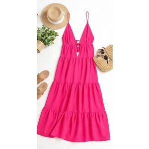 SNDYS Pink Tiered Maxi Dress L Flowy Resort Vacation Sundress Plunge Neck NWT